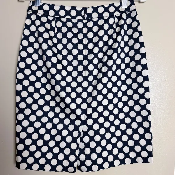 J.Crew Pencil Skirt Workwear Preppy Polka Dot Stretch Cotton Navy Cream Size 4 - Image 2