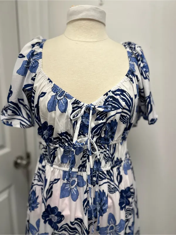 Blush Floral Tie-Front Midi Dress in Blue and White - Image 2