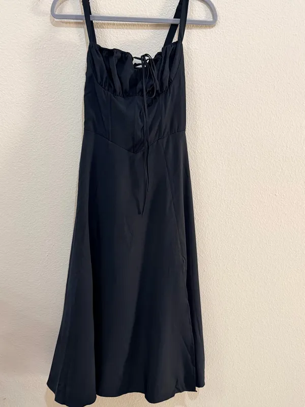 Parthea Black Corset Midi Dress Size M Lace Up Back Side Slit NIP - Image 3