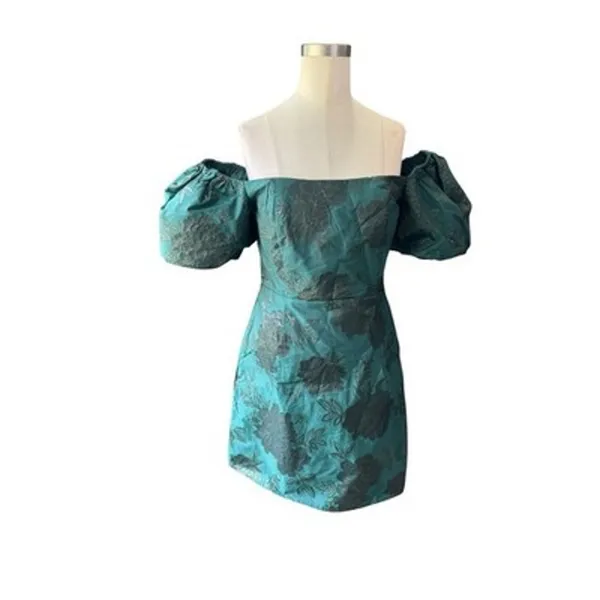 Altar'd State Skylar Emerald Green Floral Jacquard Puff Sleeve Mini Dress NWT M - Image 6