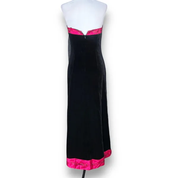 Vintage Dark Romance Velvet Strapless Maxi Dress Black Pink Rose Trim Romantic - Image 5