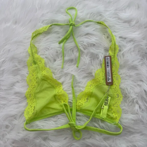 Skims Summer Mesh Lace Plunge Halter Bralette Green Highlighter Size XS - Image 5