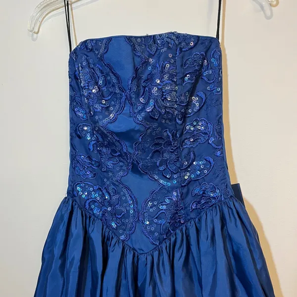 VTG 80s Gunne Sax Dress Strapless Sequin Embroidered Navy Blue Formal Prom 5/6 - Image 3