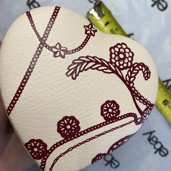 Pandora Heart Shaped Genuine Lather Jewelry Box Cream W/ Red Floral Design - Image 7
