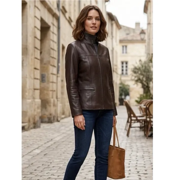 N.Y.D.A Leather Jacket Women Brown Soft Full Zip Modern Minimalist Moto Sz Large - Image 5