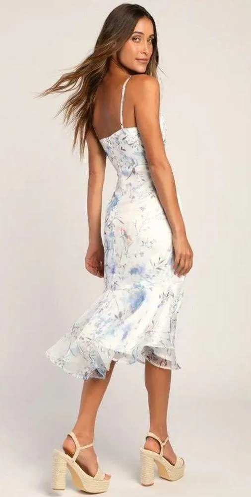 Beautiful Memories White Floral Print Trumpet Midi Dress - Size L - Image 4