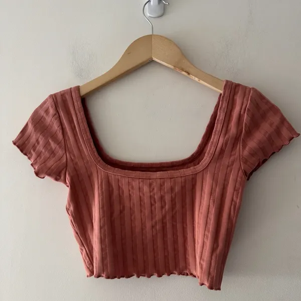 Aerie Offline Salmon Pink Ribbed Square Neck‎ Crop Top Lettuce Hem - Image 3
