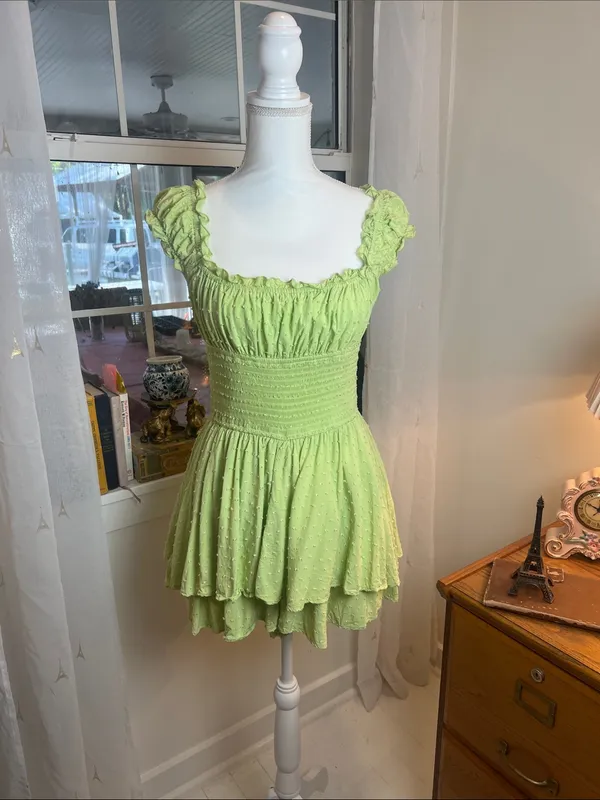 Urban Outfitters Lime Green Smocked Ruffle Mini romper size large. - Image 2