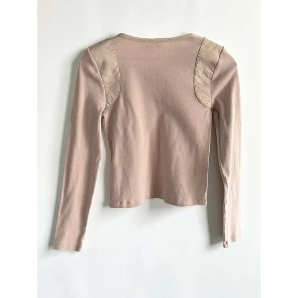 Maeve Anthropologie Pink Ribbed Long Sleeve Top Shoulder Patch‎ XS - Image 2