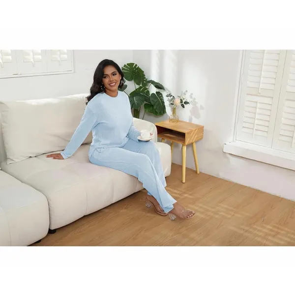 NEW 2 Pc Lounge Travel Outfit Ribbed Knit Long Sleeve Wide Leg XL - Image 2