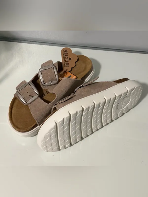 Double-Buckle Slide Sandals in Taupe with Cushioned Footbed - Image 5