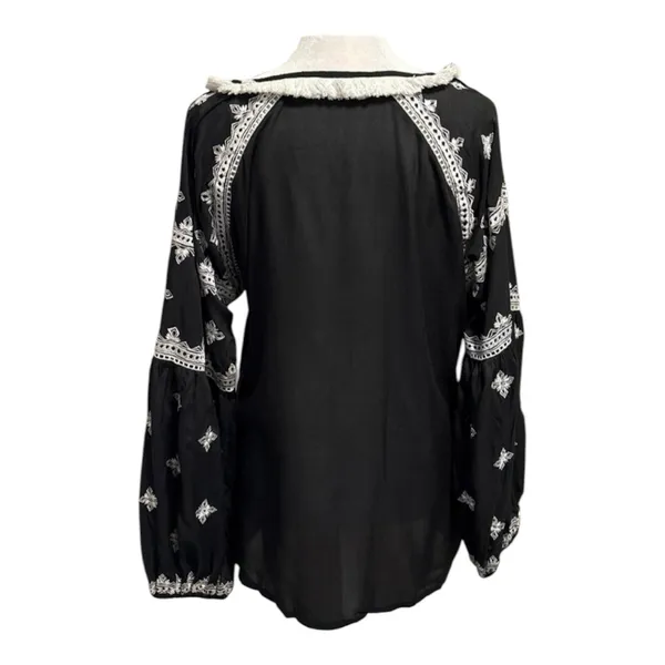 Karina Grimaldi Size L Blouse Top Bohemian Embroidered Boho Long Sleeve Fringe - Image 2