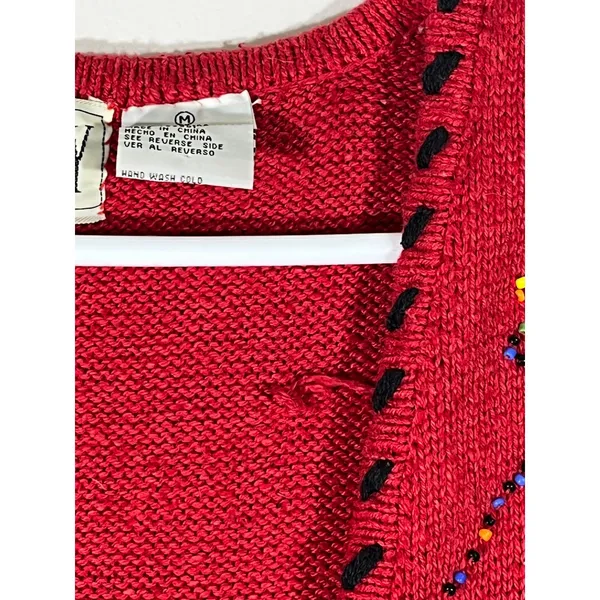 IVY Vintage Beaded Knit Sweater Vest Womens M Red Floral Whipstitch V-Neck Artsy - Image 6