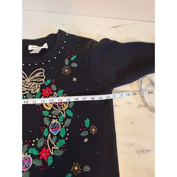 Arriviste Womens Black Embroidered Wreath Beaded Ugly Christmas‎ Sweater Small - Image 8