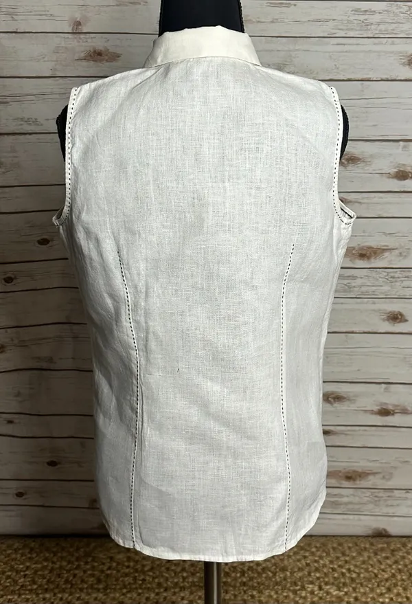 edward white sleeveless ruffle front 100% Irish linen button-up blouse Small - Image 6