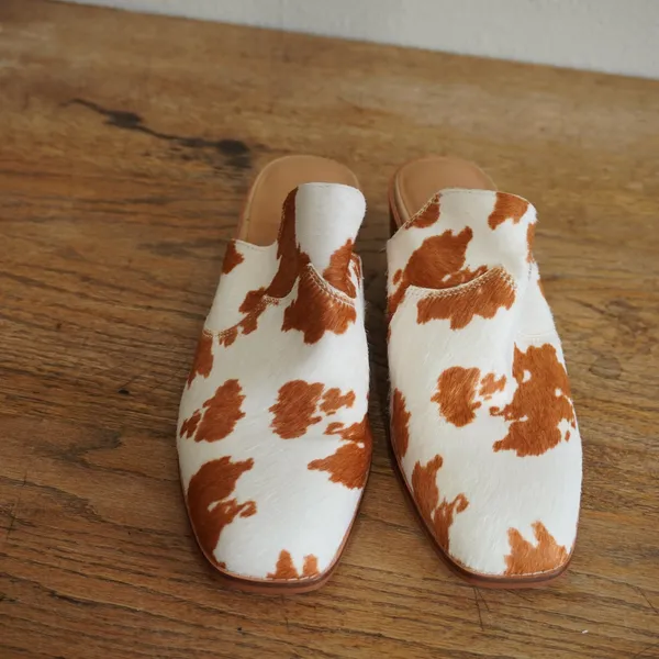 Crown Vintage Galena Cow‎ Print Hair Calf Mules Brown White Western Heel 6.5M - Image 3