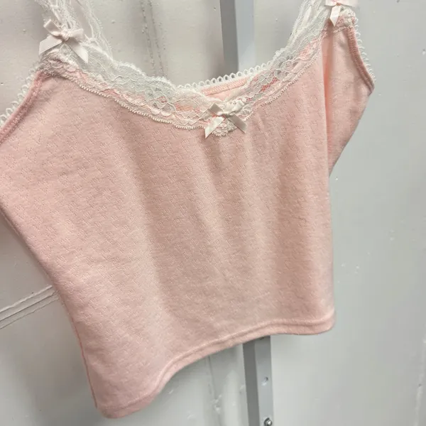 Edikted Pink Pointelle Lace Trim Cami Top Coquette Bow Detail Cropped Tank Small - Image 5