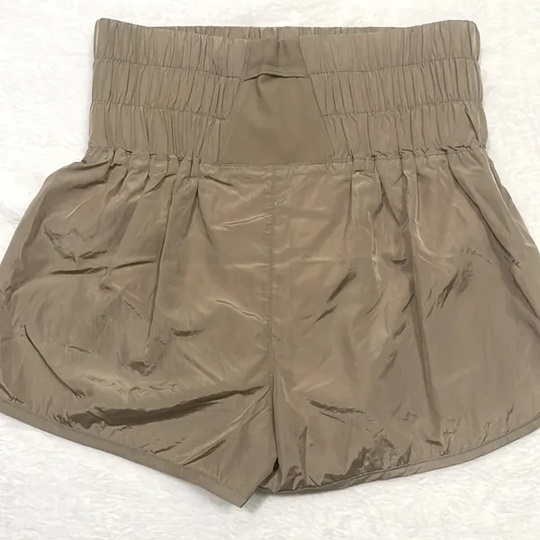 Free People Smocked High Waist Windbreaker Running Shorts Medium Light Mocha - Image 7