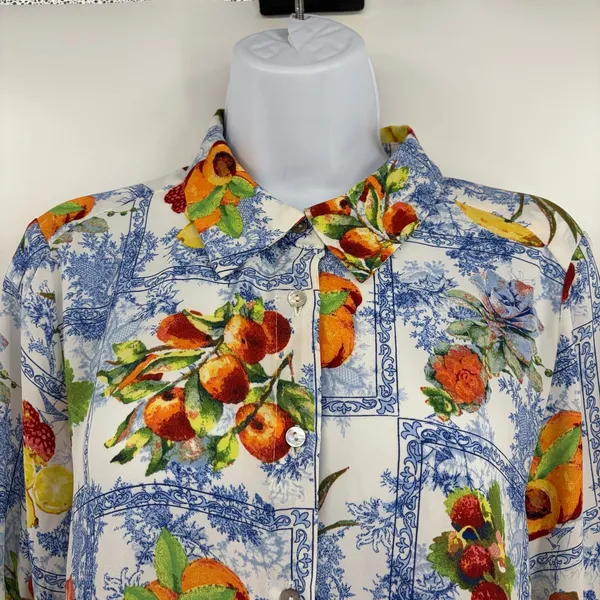 Rose + Olive Fruit Toile Button Shirt Sz L Euro Summer Cottage Resort Peaches - Image 3