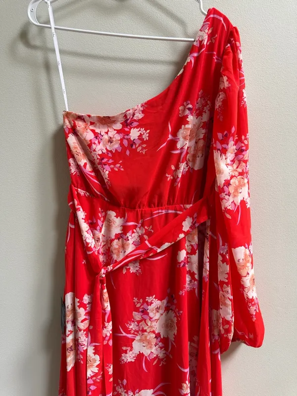 NEW Lulus Brunch Besties Red Floral One Shoulder Midi‎ Graduation Wedding Dress - Image 13