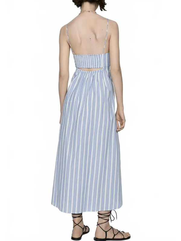 Mango 100% Cotton Cut-Out Back Striped Dress Sky Blue Stripe NWT Size XXL / 12 - Image 5