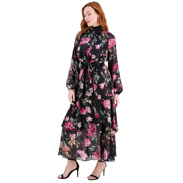 RACHEL by Rachel Roy Mae Printed Tiered Maxi Dress Belted Black Combo Cascade 12 - Image 7