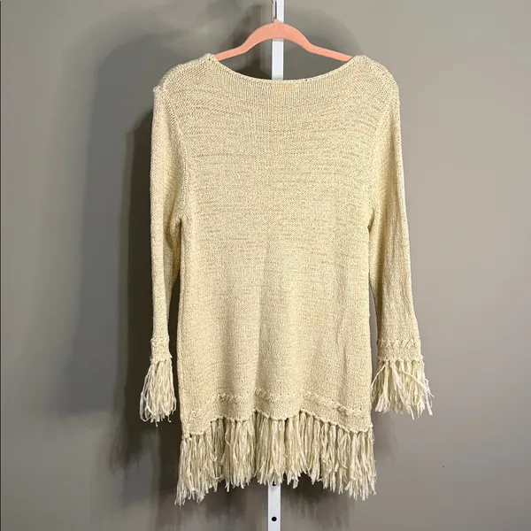 Entro Cream Fringe‎ Hem Sweater Tunic Size L Boho Chic Cozy Knit - Image 7
