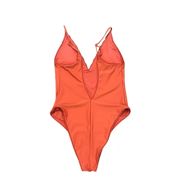 Aerie Crochet Lace Trim V Neck Back High Cut One Piece Swimsuit Rust Orange M - Image 4