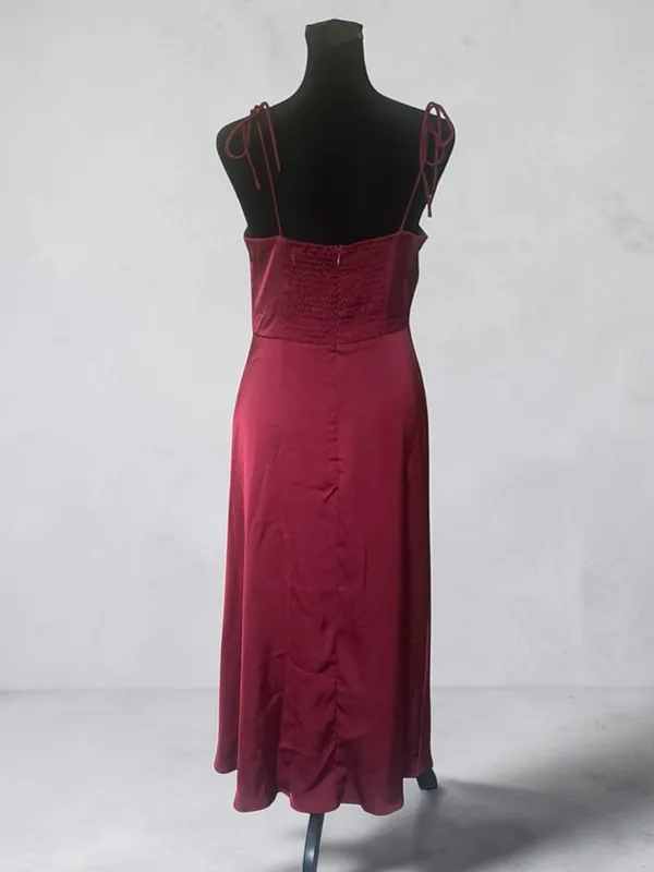On You Burgundy Satin Slip Midi Dress S Square Neck Spaghetti Strap Zip - Image 3