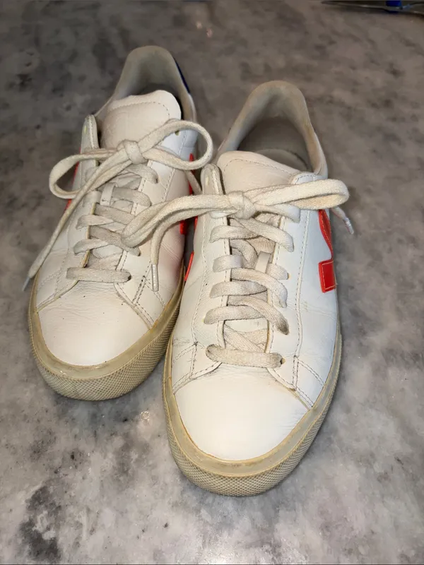 Veja White Leather Sneakers with Red V and Navy Heel - Image 5