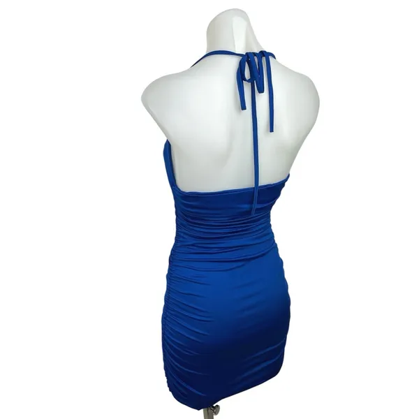 Women's Blue Sleeveless Fitted Ruched Halter Strap Bodycon Short Dress Size XS - Image 2
