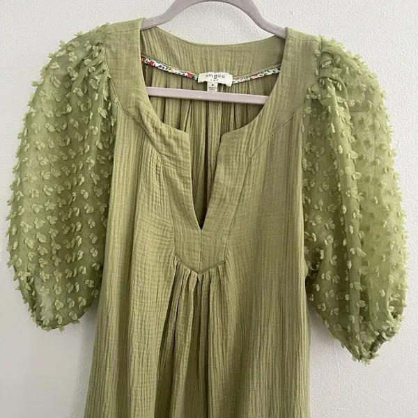 NEW Umgee Olive Green Swiss Dot Mini Dress Puff Sleeve MEDIUM Boho - Image 6