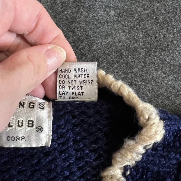 Palm Springs Yacht Club Vintage Navy Floral Knit Sweater Pom Pom Trim Medium - Image 10