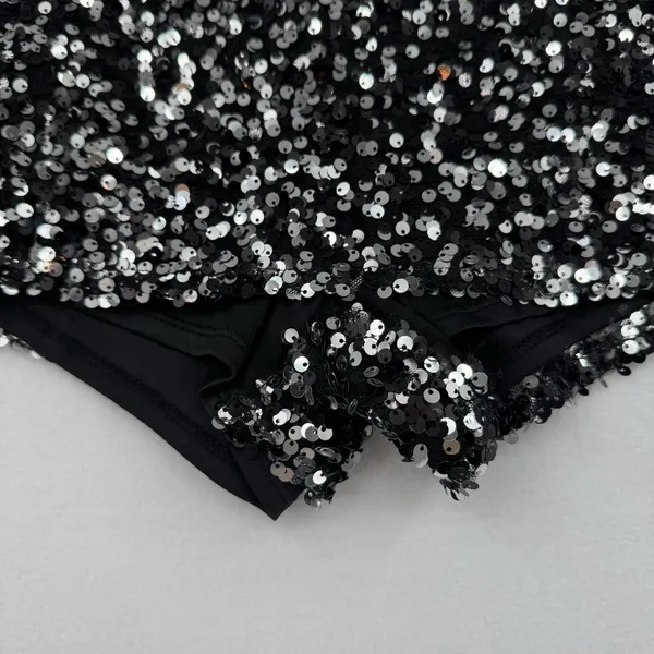 ASOS Design Sequin Shorts Black Silver Party High Rise Lined Disco Festiva Sz 8 - Image 3
