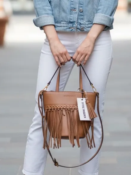 NWT $118 Steve Madden Fringe Bucket Bag Nutshell Tan Crossbody or Tote Bag - Image 2