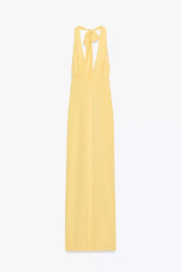Zara Butter Yellow Halter Maxi Dress with Plunging Neckline Scarf Wedding Party - Image 12