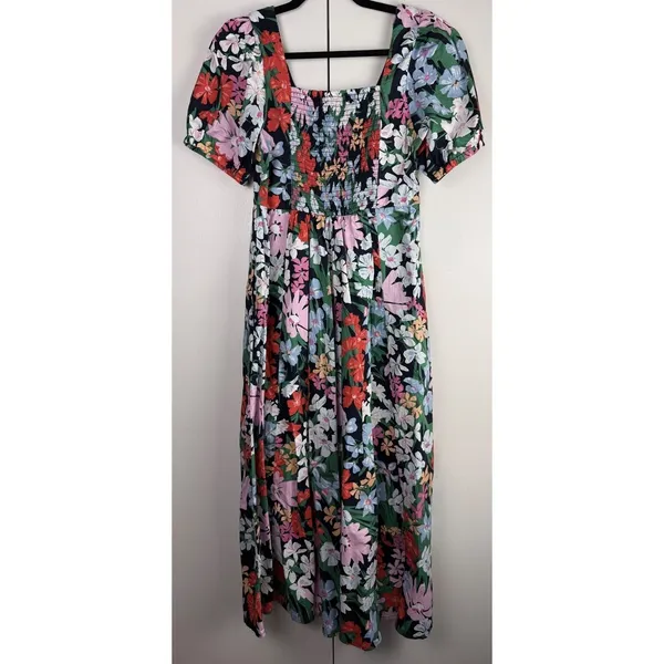 Old Navy Blue Floral‎ Puff Sleeve Smocked Back Midi Dress Pockets Medium Cottage - Image 2