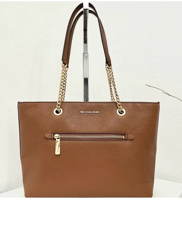 Michael Kors Cognac Pebbled Leather Tote with Gold Chain Straps zipper closure - Image 14