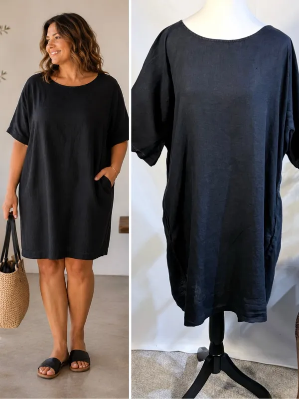 💥Eileen Fisher Black 100% Organic Linen Relaxed Shift Dress Pockets Sz XL🧡 - Image 2