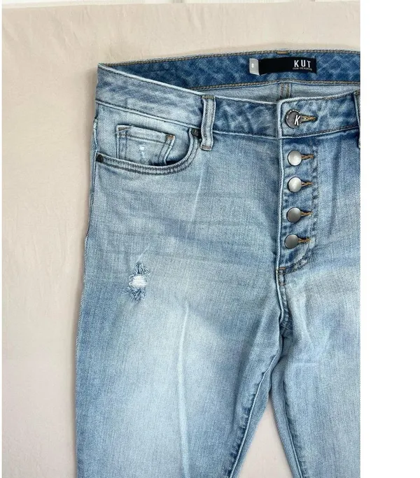 KUT From The Kloth Reese Jeans Sz 8 Light Wash High Waist Distressed Button Fly - Image 4