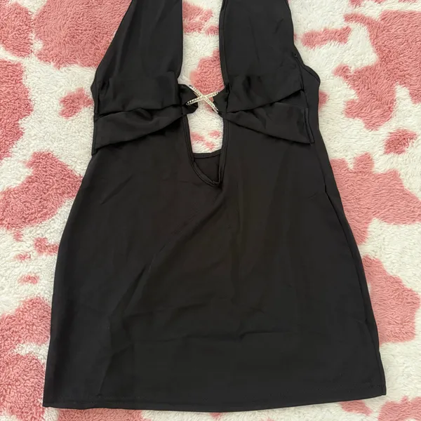 Black Backless Halter Top with Silver Clasp – Y2K Deep Plunge Longline Going Out Top Small 🔥 - Image 3