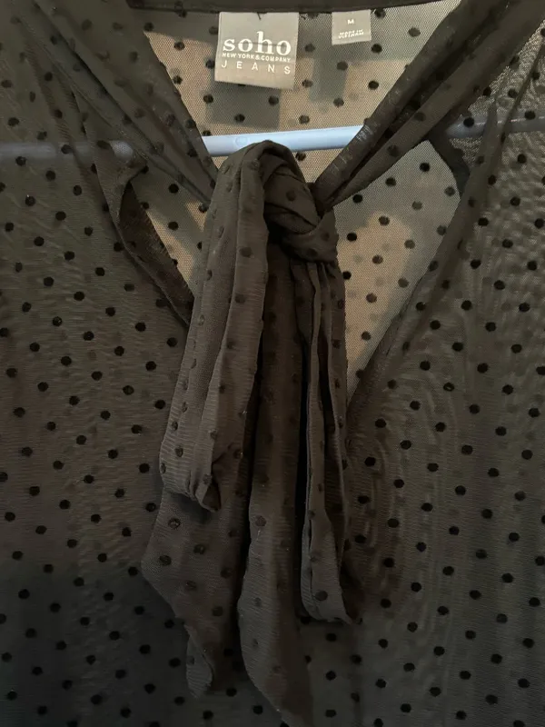 SOHO (New York & Company) Black Sheer Swiss Dot Tie-Neck Blouse - Size Medium - Image 3