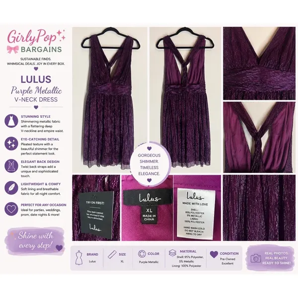 Lulus XL Purple Metallic Pleated Mini Dress NWT Deep V Party Cocktail Dress - Image 2