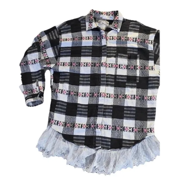 Vintage Women's White blue Plaid Floral Lace Button Down Boho Western.‎ Large - Image 2
