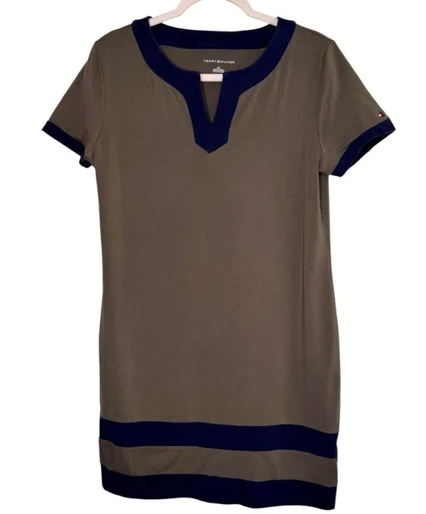 Tommy Hilfiger Womens Contrast Trim Shift Dress Taupe Navy Size Large - Image 2