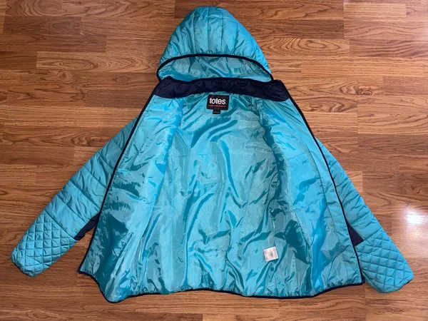 Totes Quilted Hooded Puffer Jacket Coat Women’s Size Large Aqua Navy Pockets EUC - Image 8