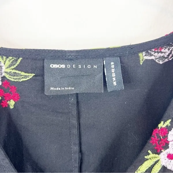 ASOS Women's Floral Embroidered Drop Waist Mini Dress Size 10 Black Boho Chic‎ - Image 6