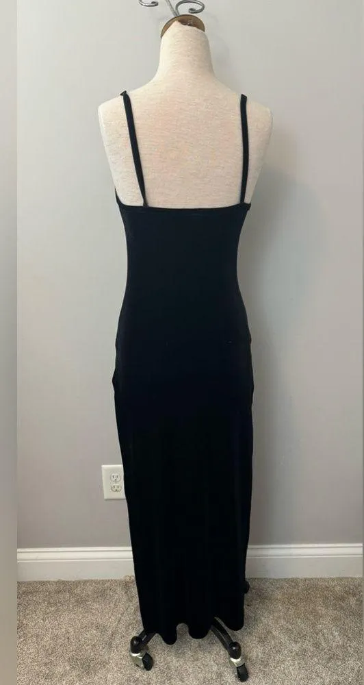 Rave City Vintage Black velour velvet bodycon slit spaghetti strap dress medium - Image 4