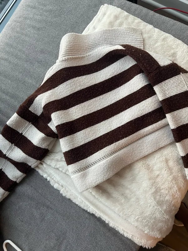 Brown/White Striped Collared Cropped Sweater Brown - Image 2