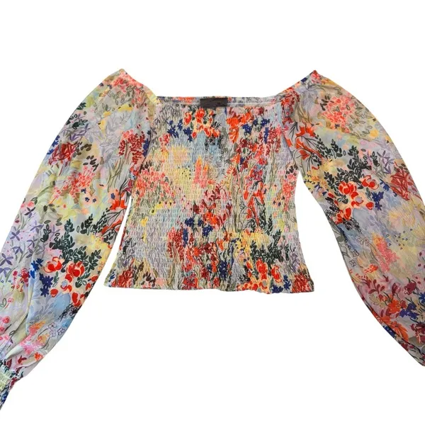 Anthropologie Rouen Floral Smocked Blouse Small Sheer Puff Sleeve Crop Top Boho - Image 10